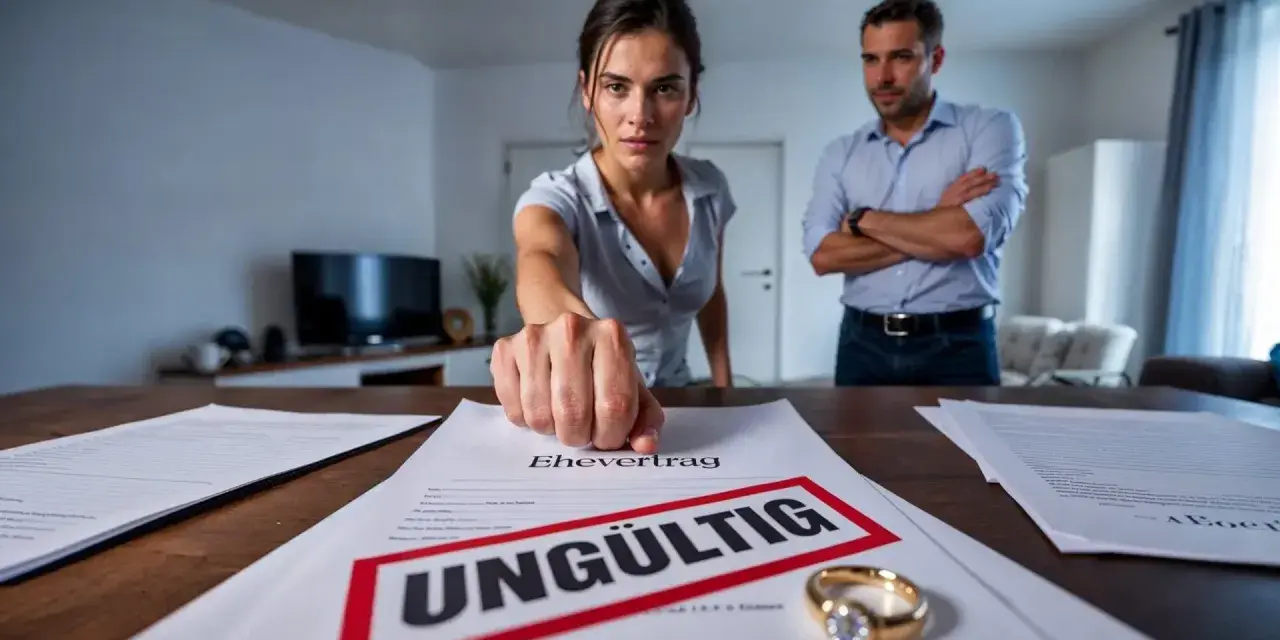 Frau schlägt auf ungültigen Ehevertrag. Verzicht auf Zugewinnausgleich ohne Notar? Ein Mann steht im Hintergrund.