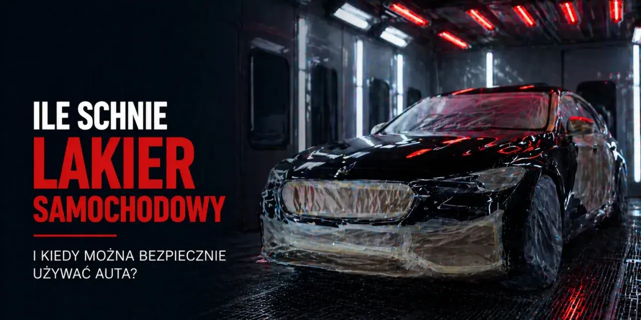 Czarny samochód w kabinie lakierniczej. Tekst: "Ile schnie lakier samochodowy i kiedy można bezpiecznie używać auta?".