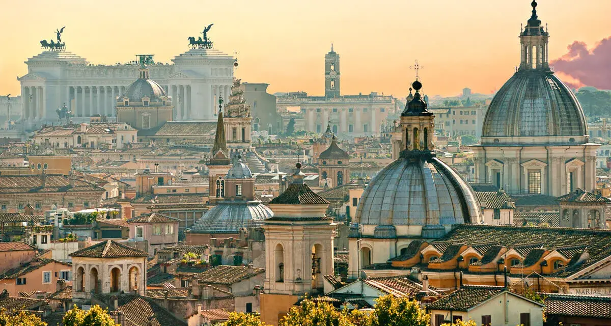 A breathtaking panorama of Rome's domes and rooftops at sunset, capturing the essence of Rome in one day.