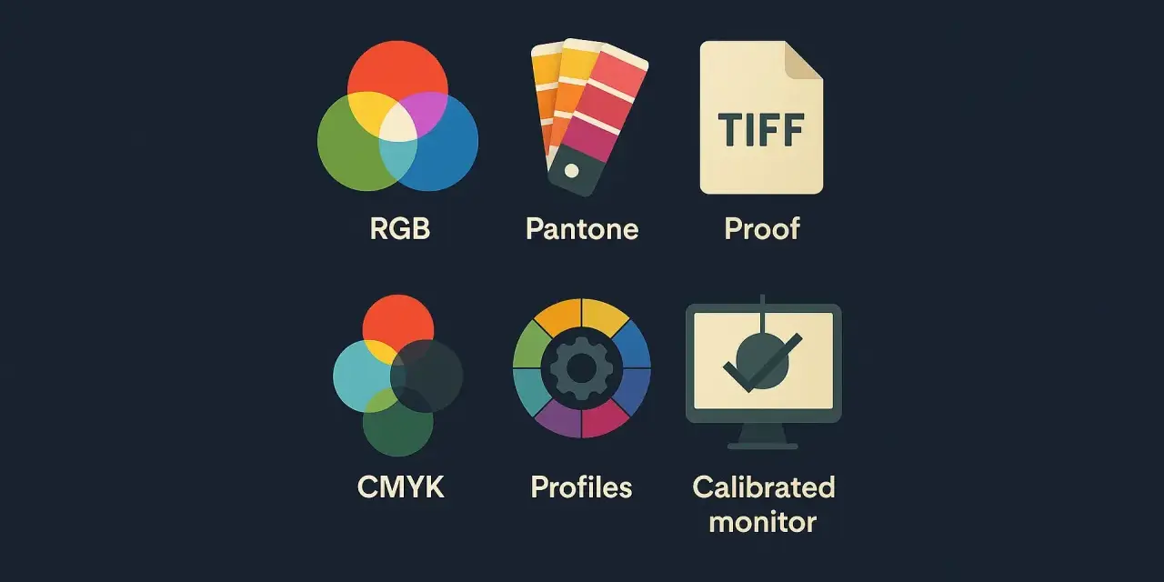 Ikony: RGB, Pantone, Proof, CMYK, Profiles, Calibrated monitor. Kluczowe dla jakości wydruku są ppi i dpi.