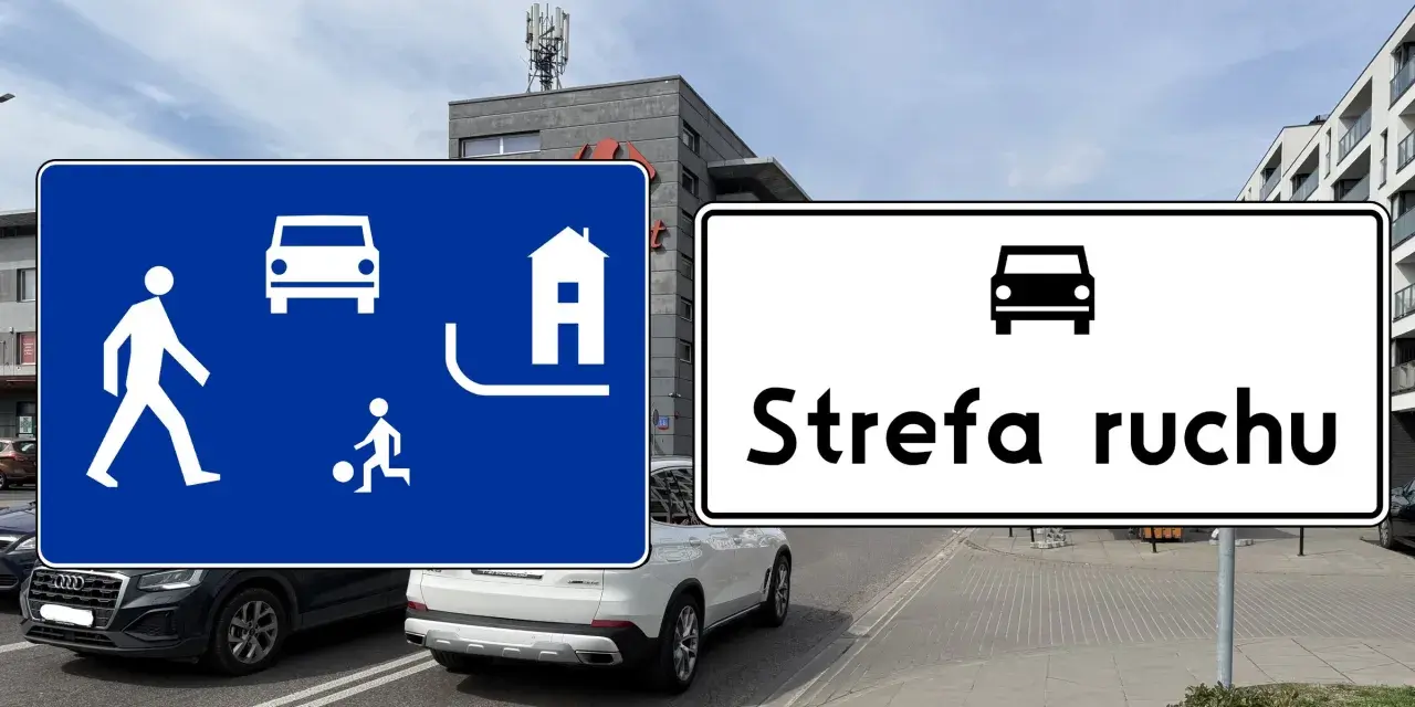 Dwa znaki drogowe: niebieski z piktogramami pieszych, dzieci bawiących się piłką i samochodu, oraz biały z napisem "Strefa ruchu" i ikoną samochodu.