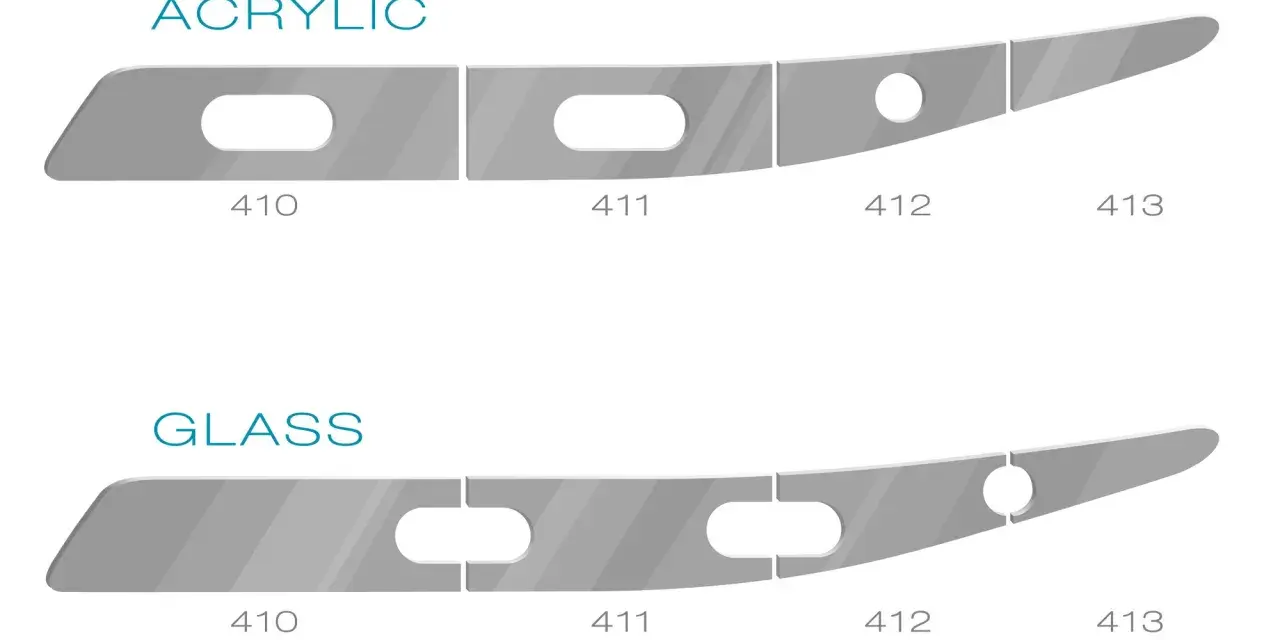 Comparing acrylic and glass shapes, the acrylic pieces appear thinner, suggesting plexiglass is lighter than glass.