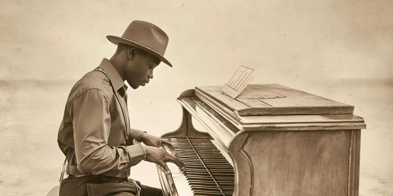 Ein Mann mit Hut spielt Klavier. Seine Finger tanzen über die Tasten, als würde er die Essenz von "was ist Jazz" einfangen.