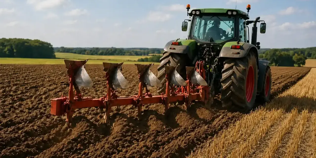 Zielony traktor z pługiem orze pole. Jaki pług do ciągnika 75km? Ten czteroskibowy radzi sobie świetnie.