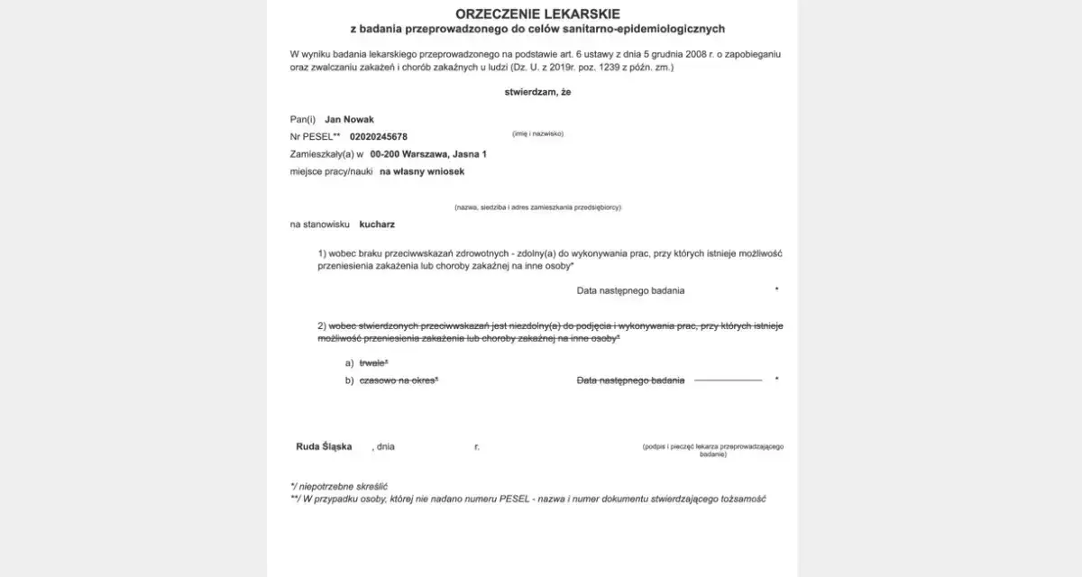 Orzeczenie lekarskie do celów sanitarno-epidemiologicznych, z danymi Jana Nowaka na stanowisku kucharza.