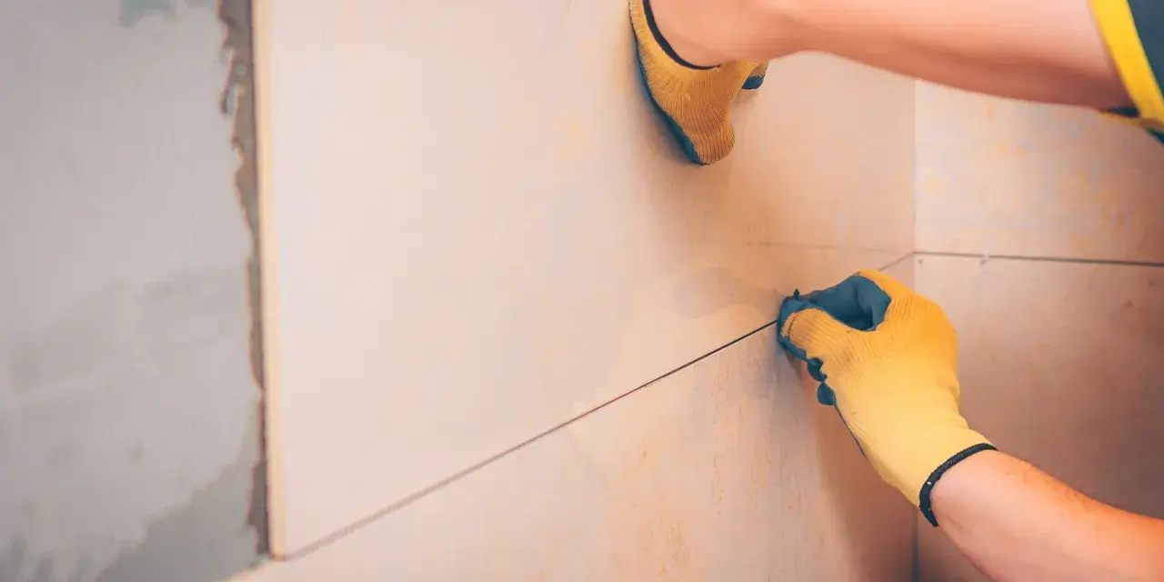 Mains gantées ajustant le joint carrelage sur un mur en cours de pose.