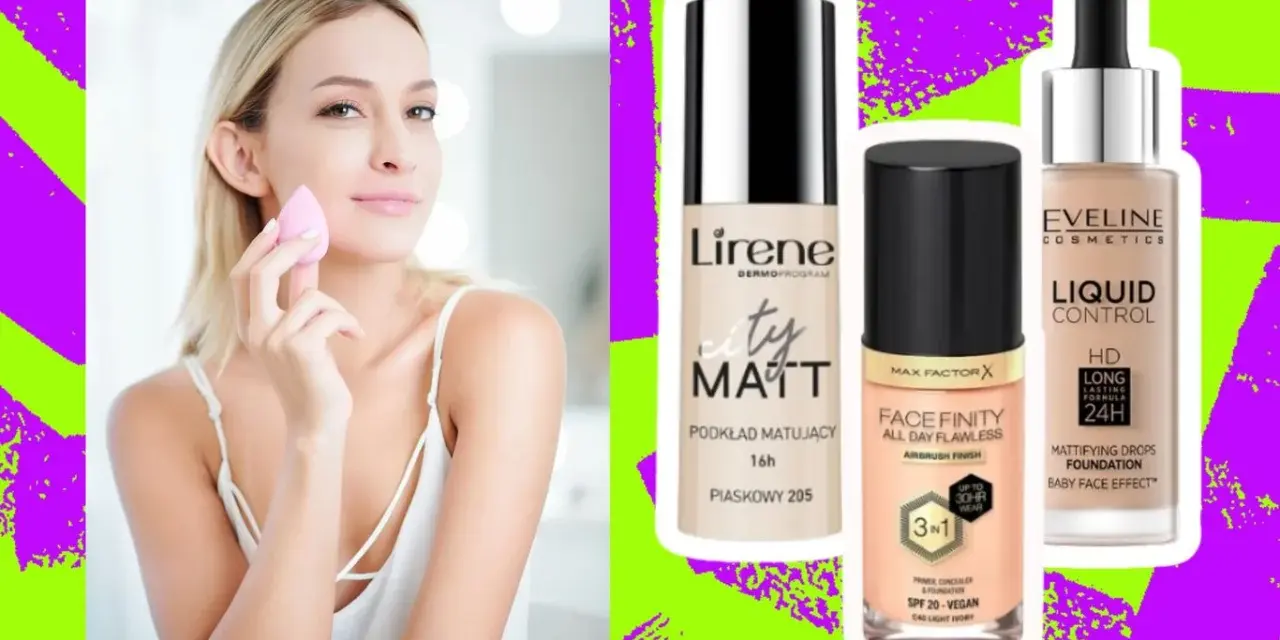 Kobieta aplikuje podkład gąbeczką. Obok trzy podkłady: Lirene City Matt, Max Factor Face Finity i Eveline Liquid Control – idealne, gdy szukasz podkładu do cery tłustej.