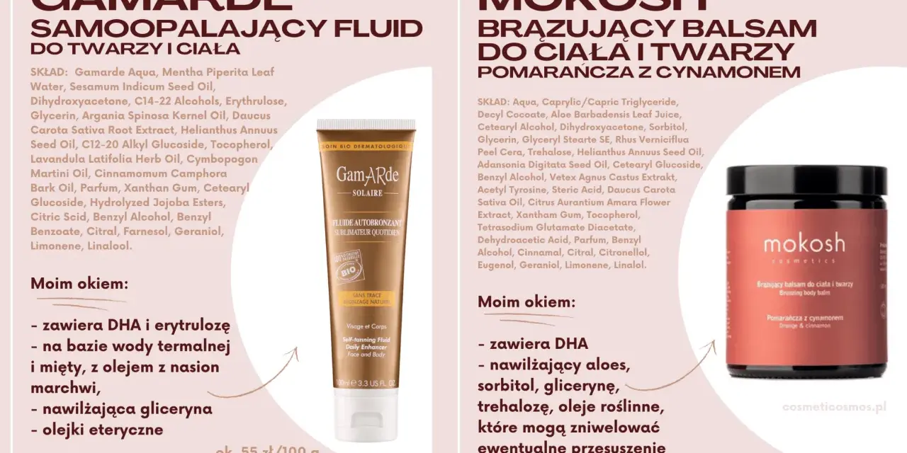 Gamarde i Mokosh: samoopalające fluidy i balsamy z dihydroxyacetone dla pięknej opalenizny.