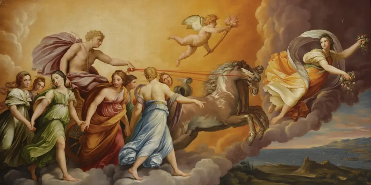 Scena inspirowana mitem o narodzinach świata wg Parandowskiego: Apollo na rydwanie, zaprzężonym w konie, prowadzi kobiety. Amor z pochodnią.