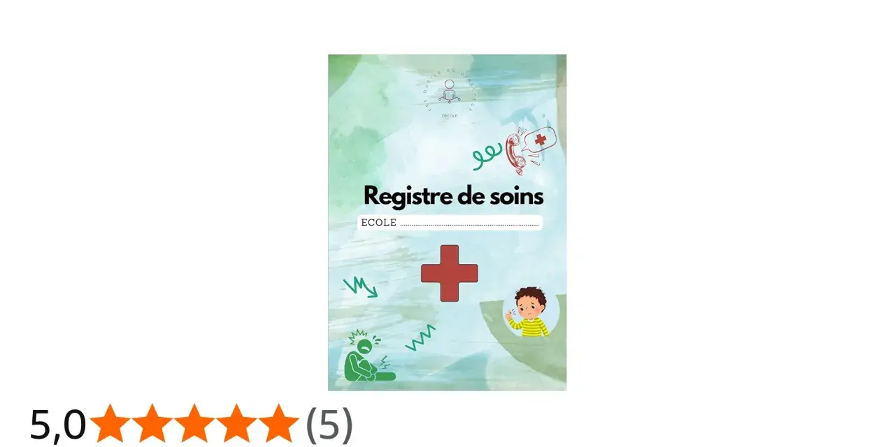 Registre de soins pour l'école, avec des icônes médicales et un enfant malade.