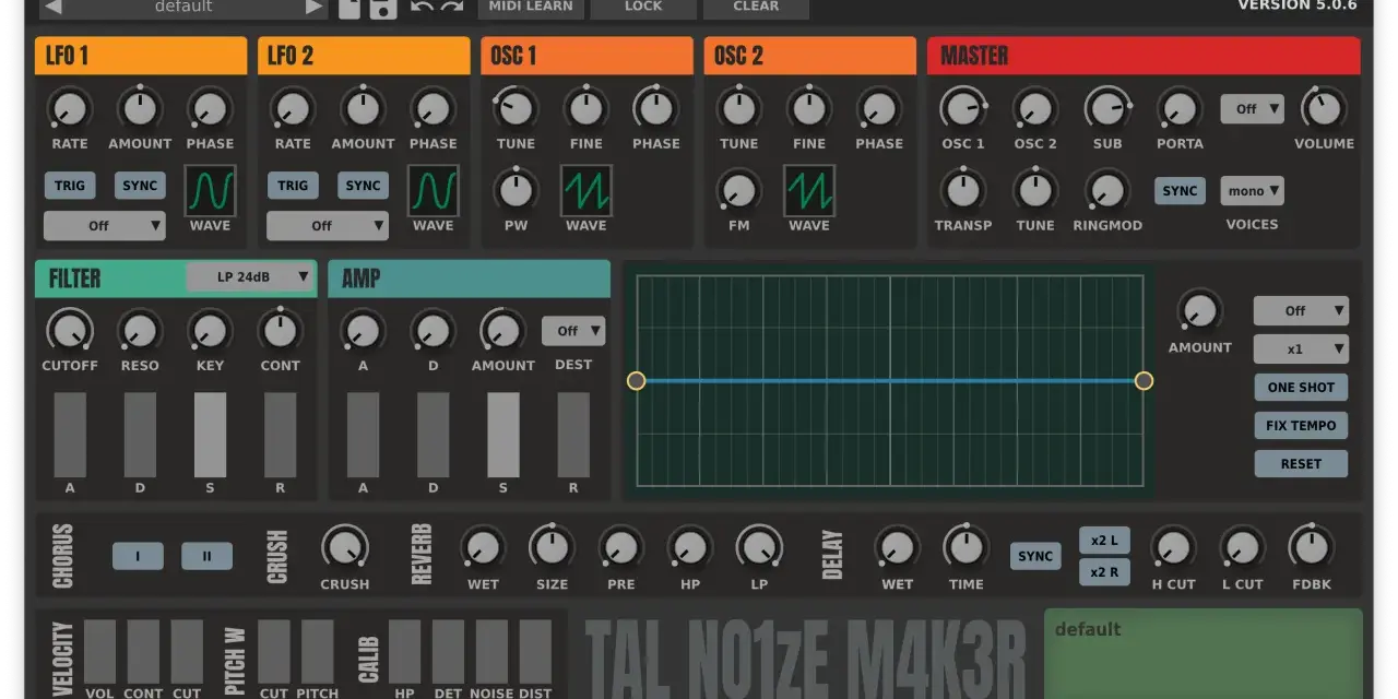 Interfejs syntezatora TAL-NoiseMaker, jednego z najlepszych synth VST, z pokrętłami LFO, oscylatorów, filtrów i efektów.