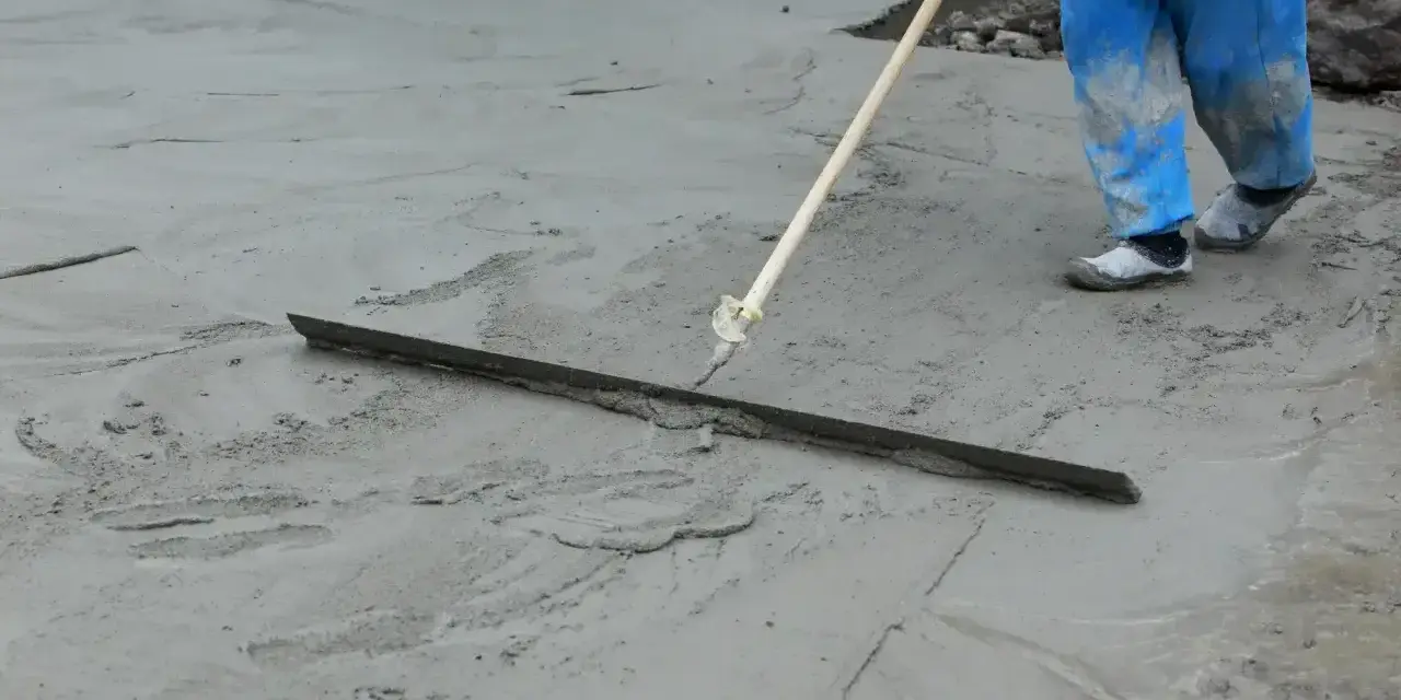Pracownik w niebieskich ogrodniczkach wygładza świeży beton długą pacą. Trwa wygrzewanie posadzki.