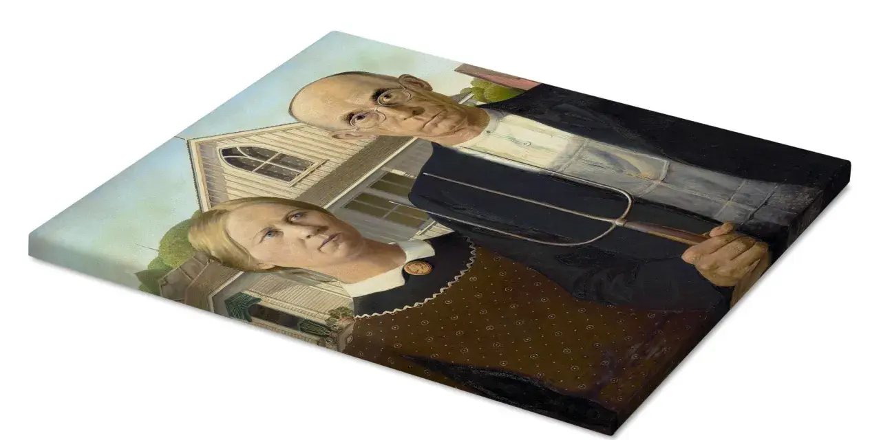 Ikoniczny obraz "American Gothic" przedstawia parę farmerów przed domem w stylu wiktoriańskim. Mężczyzna trzyma widły.