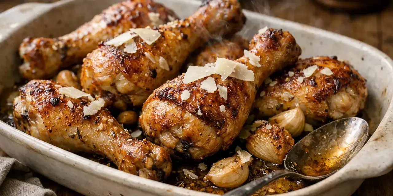 Délicieux pilons de poulet rôtis, parsemés de copeaux de parmesan et accompagnés d'ail confit, fumant dans un plat en céramique.
