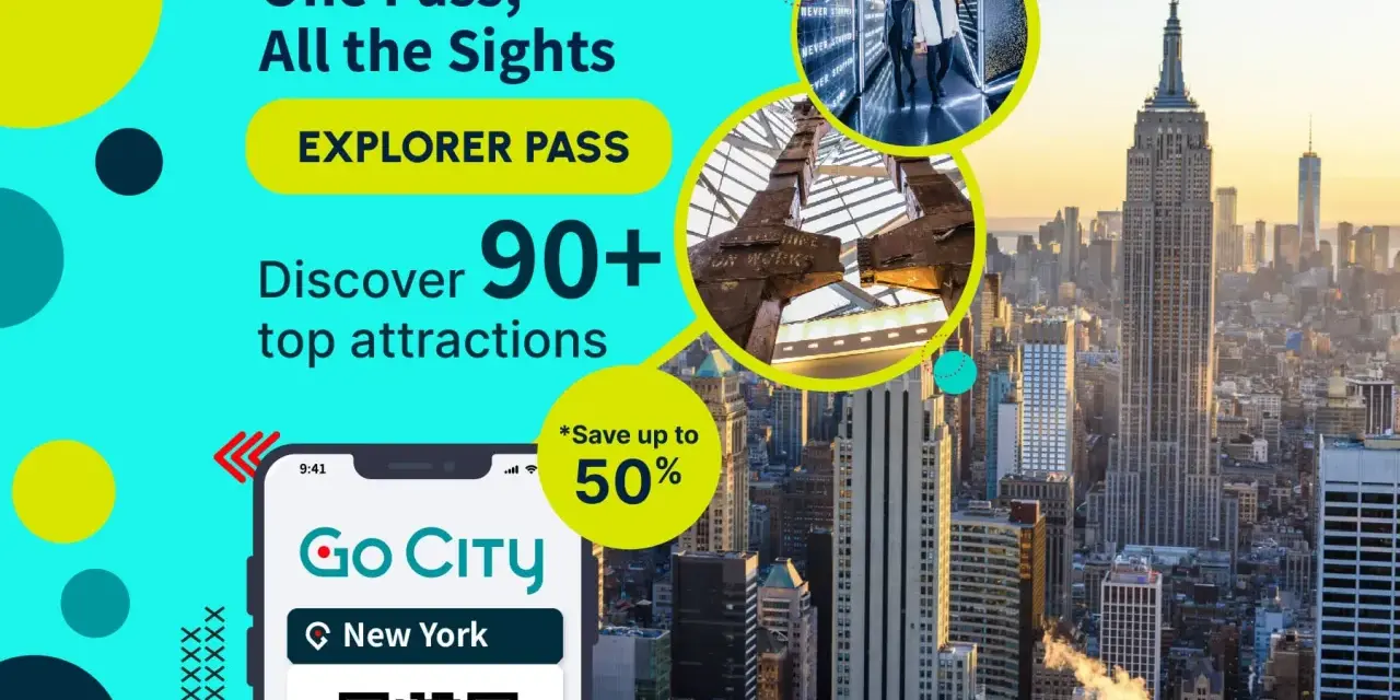 New York skyline with Empire State Building, phone showing Go City app, and circular images of attractions.