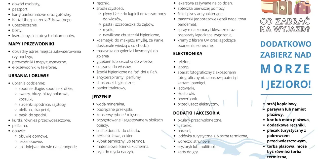 Co zabrać na wakacje nad morze z dzieckiem? Lista rzeczy: dokumenty, kosmetyki, ubrania, jedzenie, leki, elektronika, akcesoria plażowe.