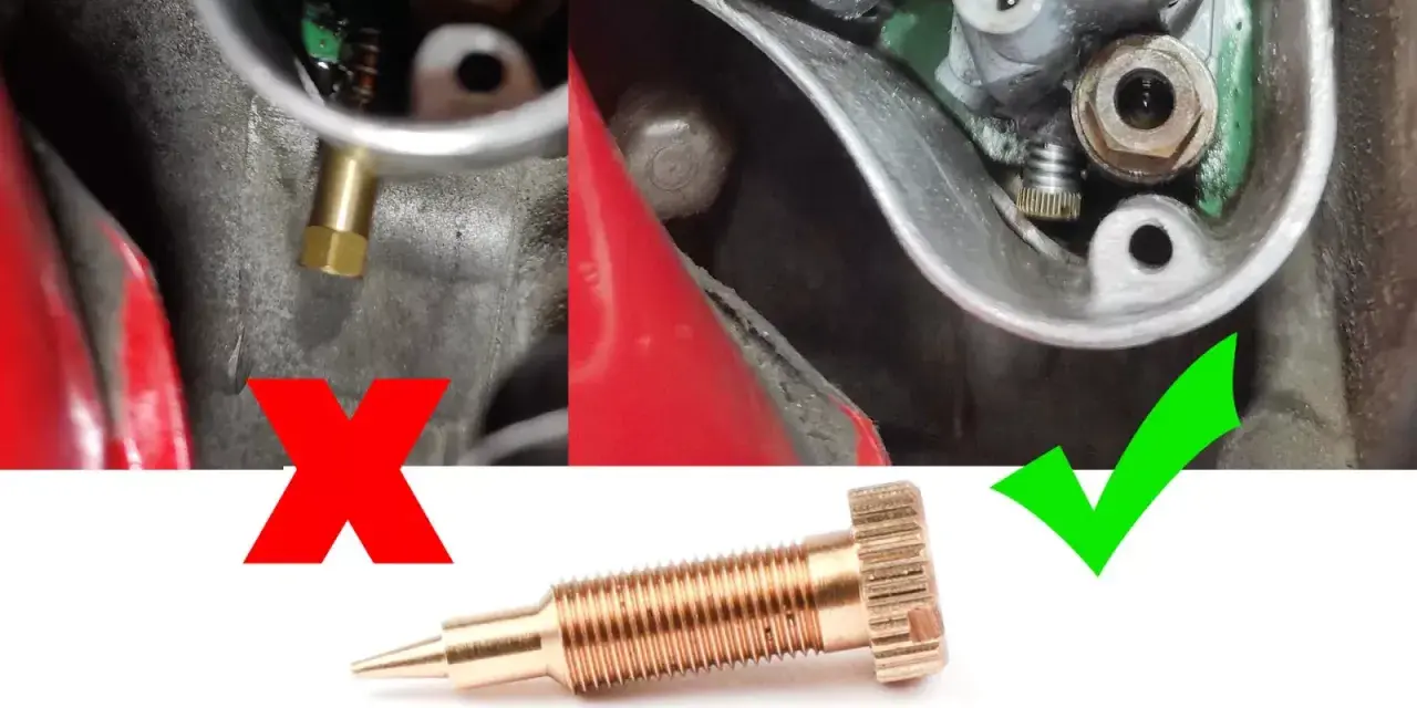 Close-up of a Dell'Orto carburetor air screw, showing correct and incorrect installation with red X and green checkmark.
