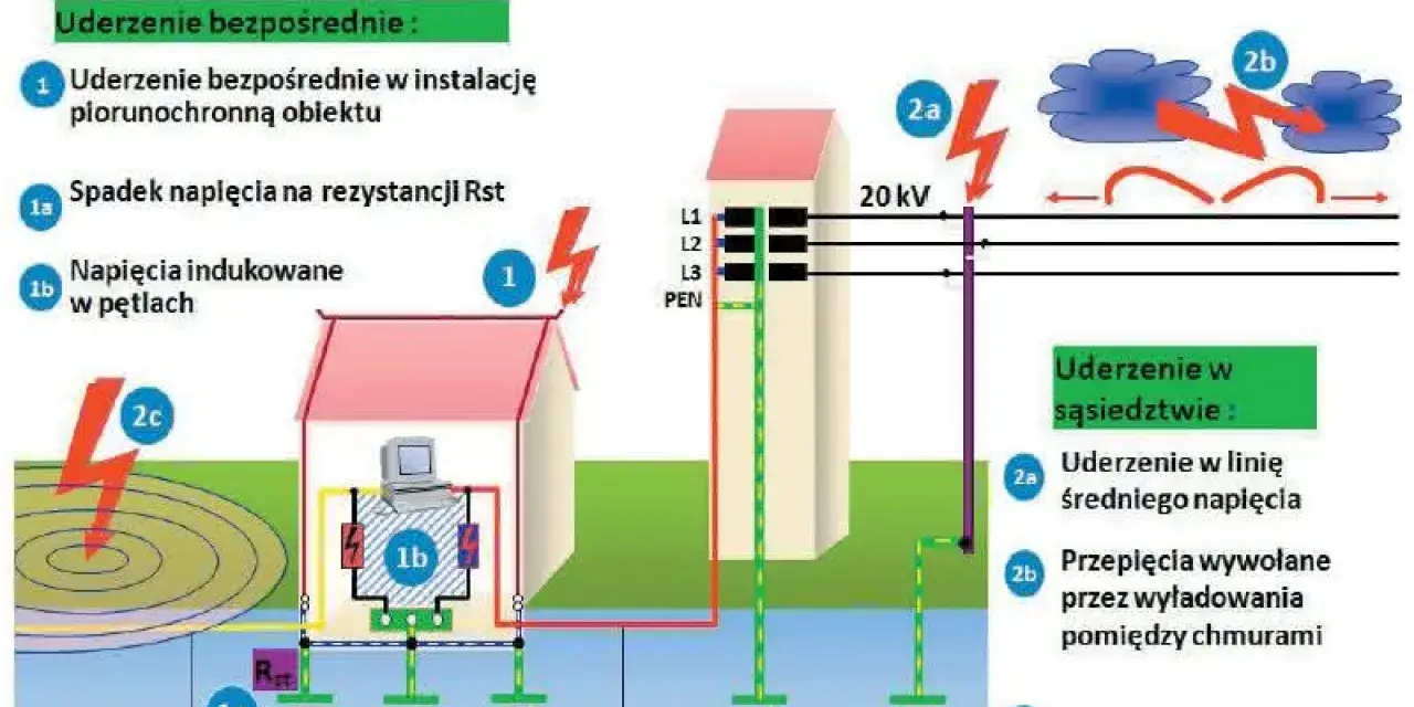 Schemat ilustruje skutki uderzenia pioruna, w tym przepięcia w instalacji elektrycznej i sieciach informatycznych.