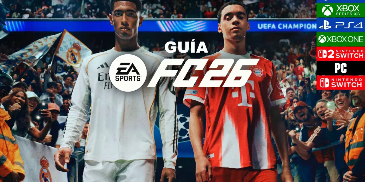 Dos futbolistas, uno con camiseta del Real Madrid y otro del Bayern Múnich, posan ante una multitud. El logo de EA SPORTS FC 26 aparece en grande.