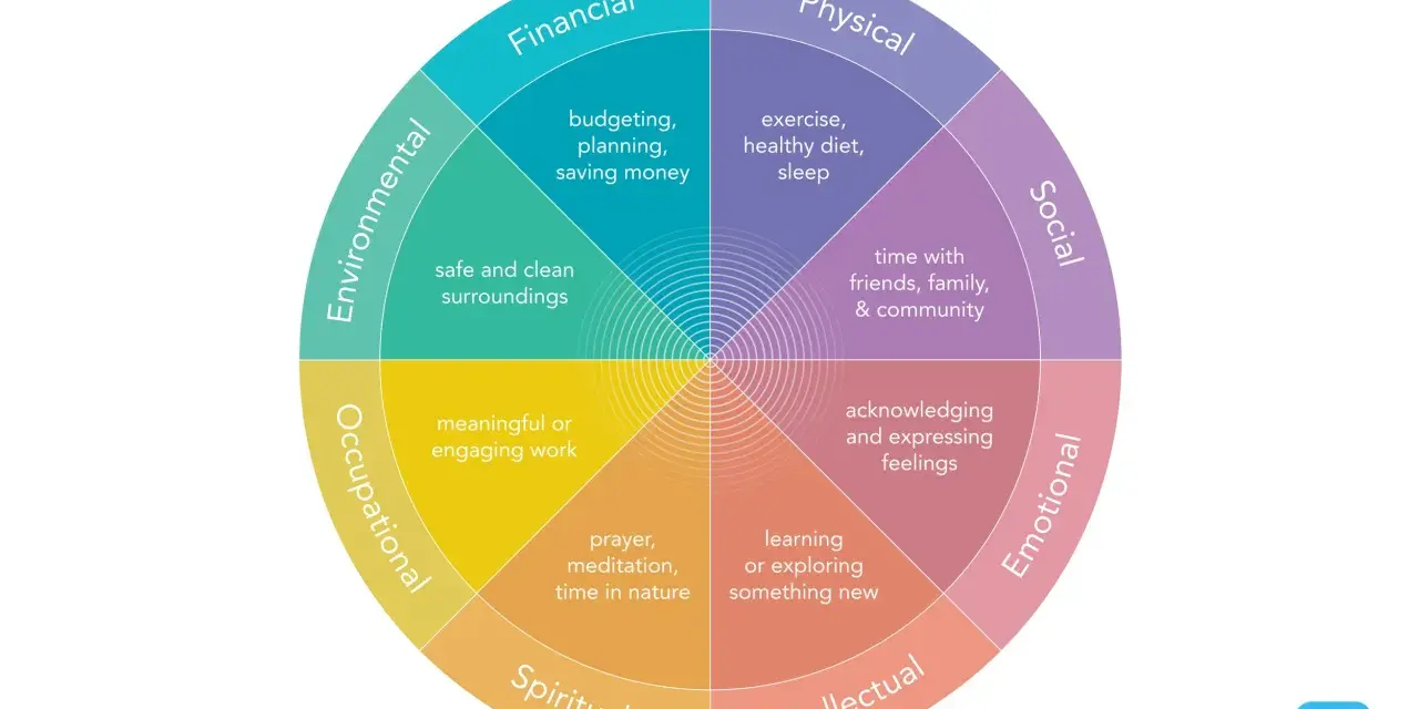 A wheel diagram shows eight dimensions of well-being: Financial, Physical, Social, Emotional, Intellectual, Spiritual, Occupational, and Environmental. These areas offer paths to be calm.