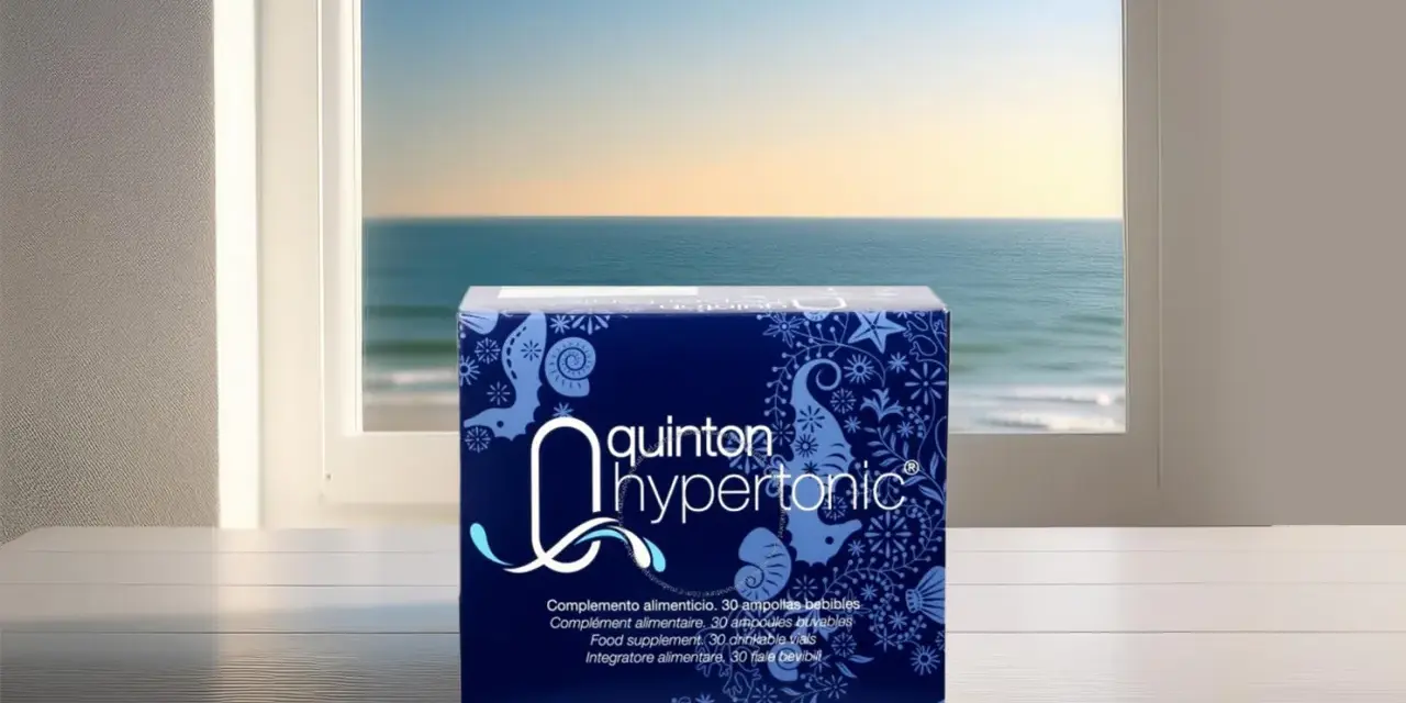 Boîte de Quinton Hypertonic, complément alimentaire, avec une composition marine. La vue sur la mer par la fenêtre évoque la pureté de l'eau de Quinton.