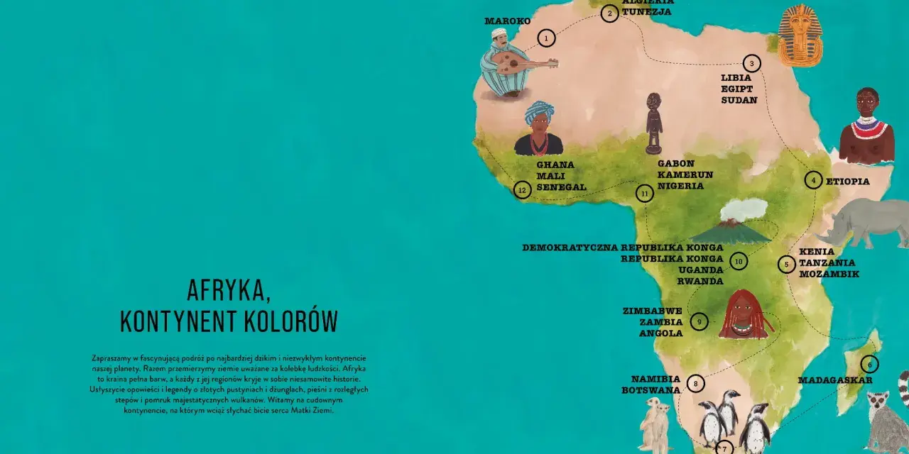 Ilustracja mapy Afryki z zaznaczonymi krajami i wizerunkami ludzi, zwierząt i zabytków. Widać tu m.in. plemiona afrykańskie, faraona, nosorożca i pingwiny.