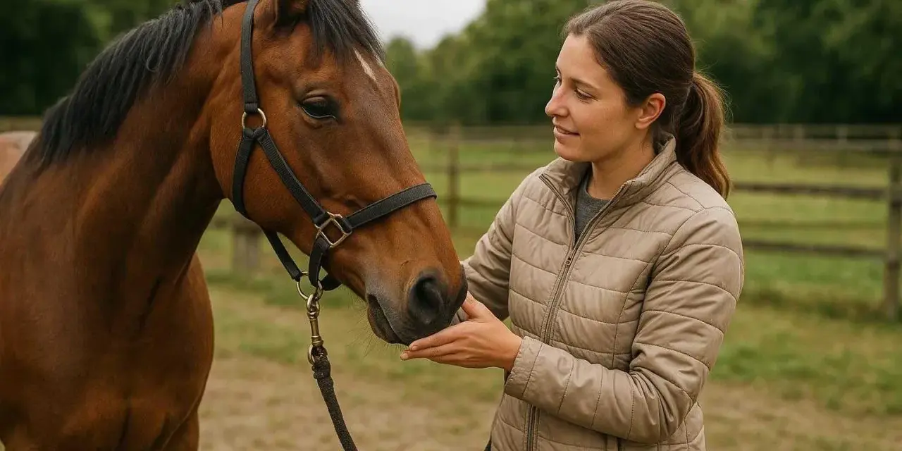 Une cavalière caresse un cheval brun, un moment de complicité qui témoigne d'un bon niveau équitation.