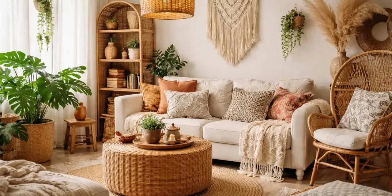 Przytulny salon w stylu boho: plecione meble, mnóstwo roślin i makrama na ścianie tworzą relaksującą atmosferę.