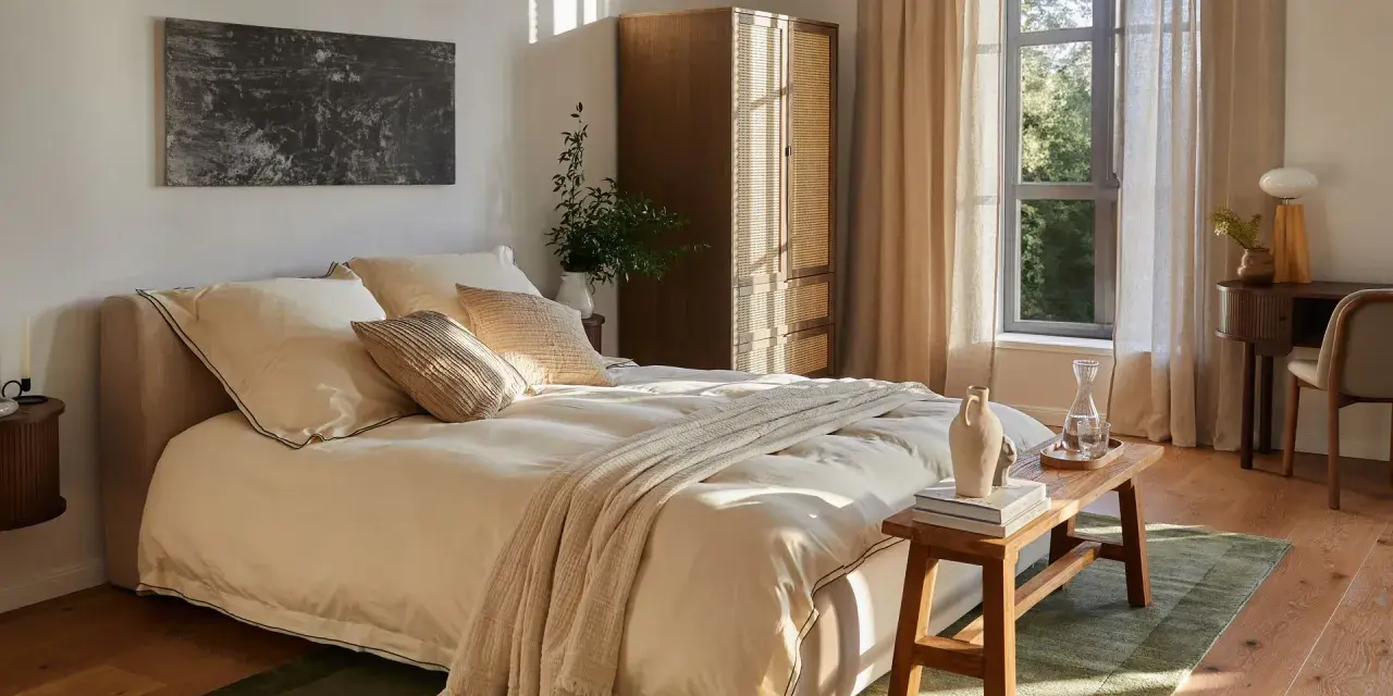 Habitación serena con cama beige, armario de madera y ventana con cortinas. Ideas decoracion habitacion: arte abstracto, plantas y luz natural.