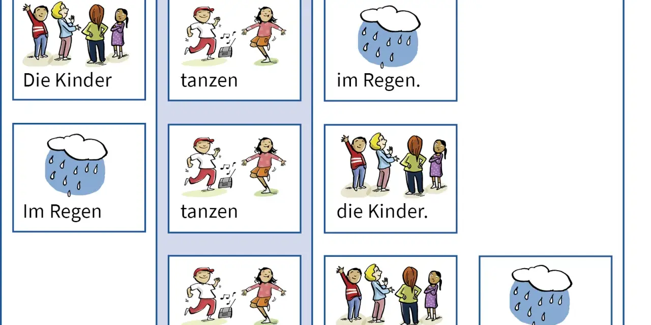Bilder und Texte zu Satzarten für die Grundschule: Kinder tanzen im Regen.