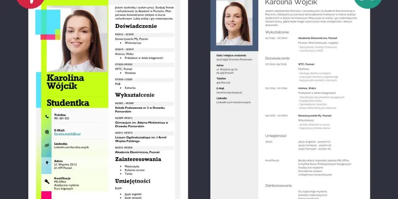 CV Karolina Wójcik: studentka finansów i rachunkowości, praktykantka w księgowości, wolontariuszka. Rozwinięcie CV obejmuje doświadczenie i umiejętności.