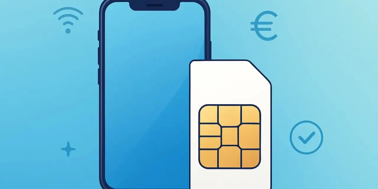 Smartphone und SIM-Karte vor blauem Hintergrund mit Icons für WLAN, Euro und Haken.