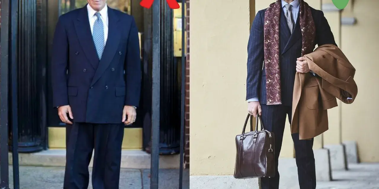 Elegancki mężczyzna w garniturze i szalu, z płaszczem w ręku, prezentuje nowoczesny styl marynarski. Obok nieudany przykład.