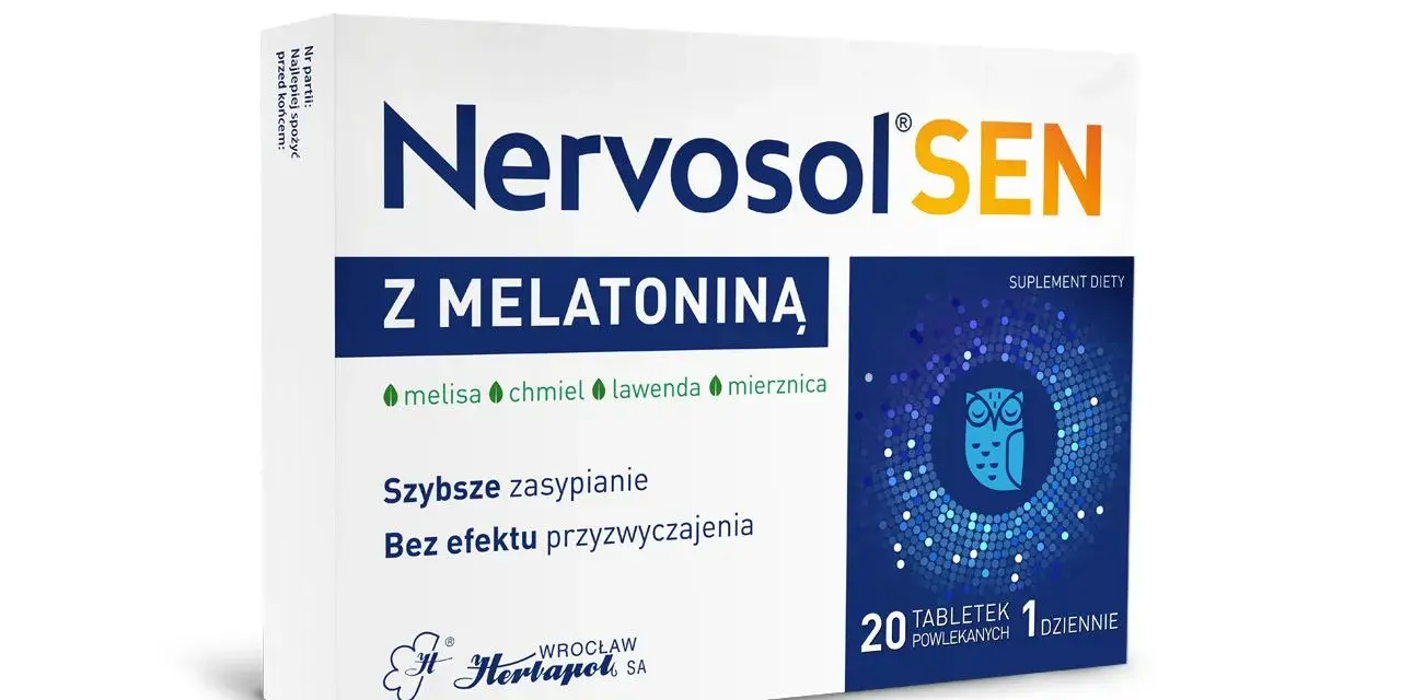 Opakowanie Nervosol SEN z melatoniną, melisą, chmielem i lawendą. Wspiera szybsze zasypianie.