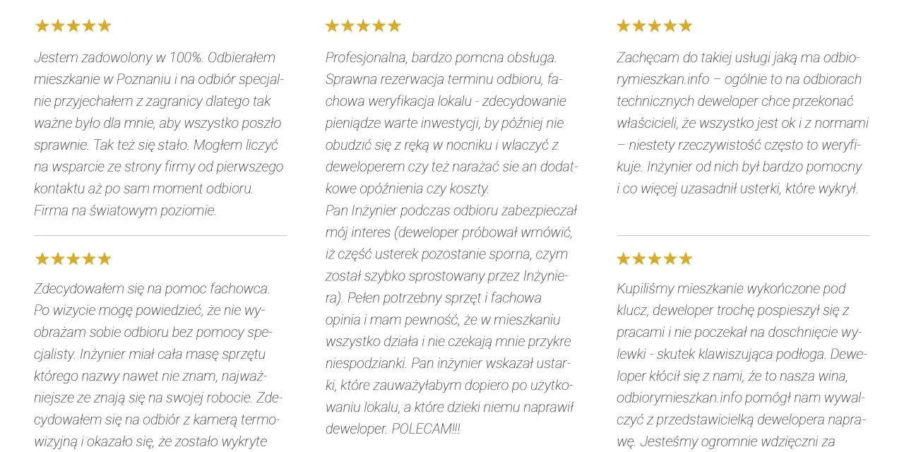 Opinie o odbiorach mieszkań: gwiazdki i pozytywne komentarze.