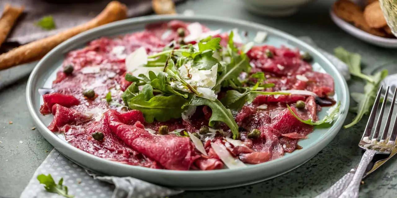En tallrik med tunt skivad råbiff, toppad med ruccola, parmesan och kapris. Perfekt vin till carpaccio.