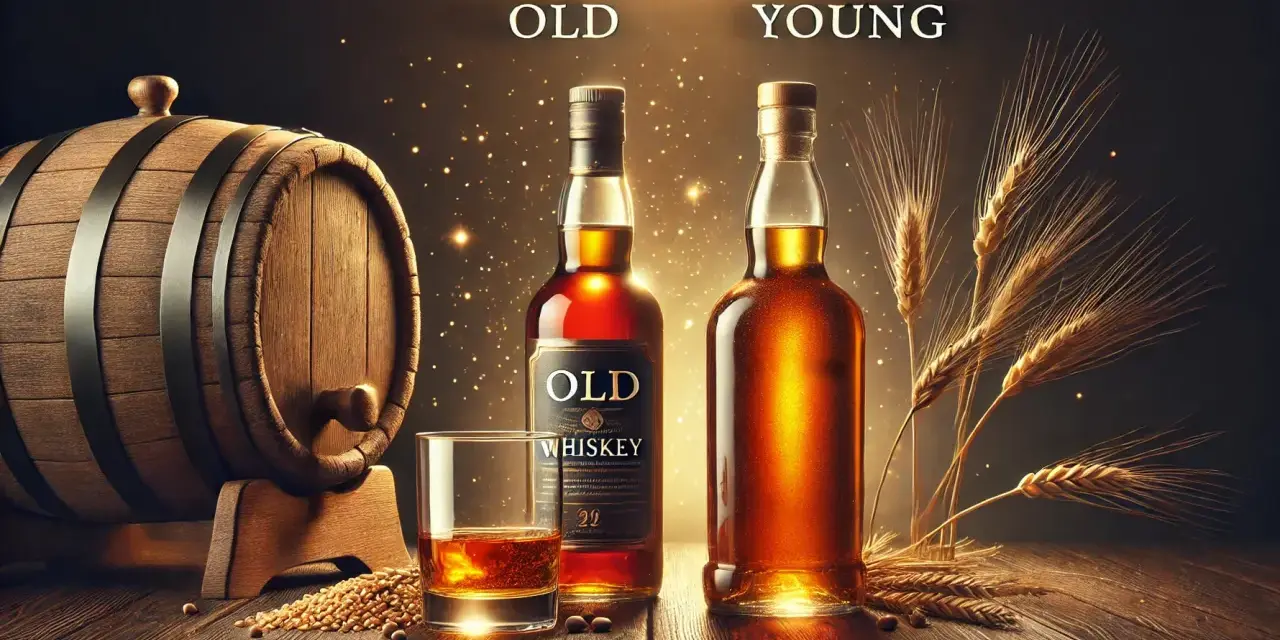 Holzfass, Gerste und Flaschen zeigen, aus was wird Whisky gemacht. Ein Glas mit bernsteinfarbener Flüssigkeit steht bereit.