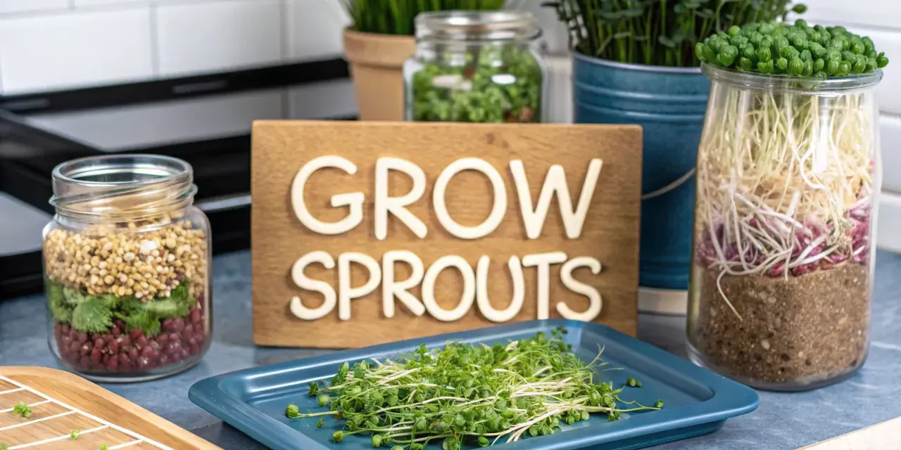 Freshly grown sprouts are displayed on a blue tray, with jars of seeds and growing sprouts in the background. The sign "GROW SPROUTS" is visible.