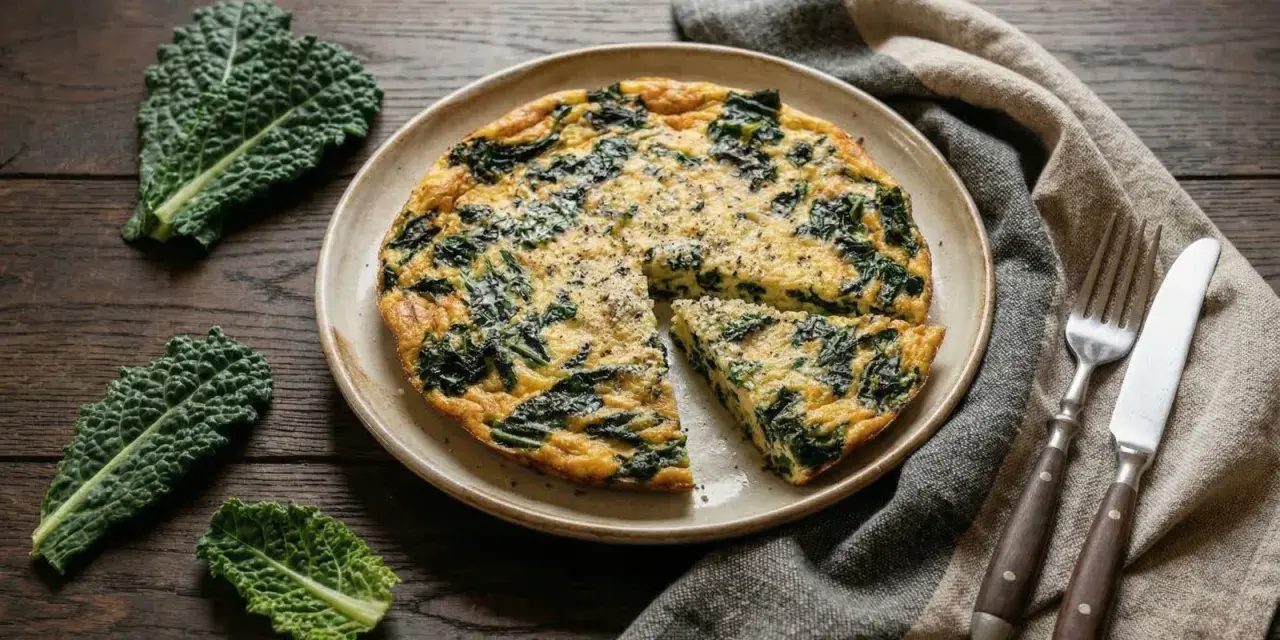 Frittata con cavolo nero, un piatto rustico e saporito, pronto per essere gustato. Accanto, foglie fresche di cavolo nero e posate d'argento.