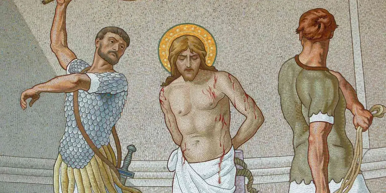 Mosaic depicts Jesus, bleeding from scourging, with two men preparing to inflict more pain. The sangre de cristo is evident.