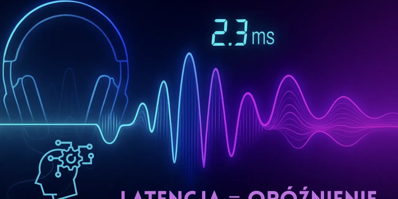Słuchawki i wykres fali dźwiękowej. 2.3 ms to czas reakcji, czyli latencja co to jest.