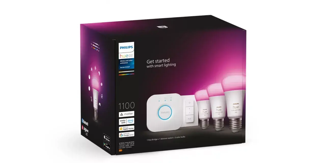 Philips Hue-paket med brygga, dimmer och tre färgade ljus. Styr belysningen enkelt, även med en Philips Hue timer.