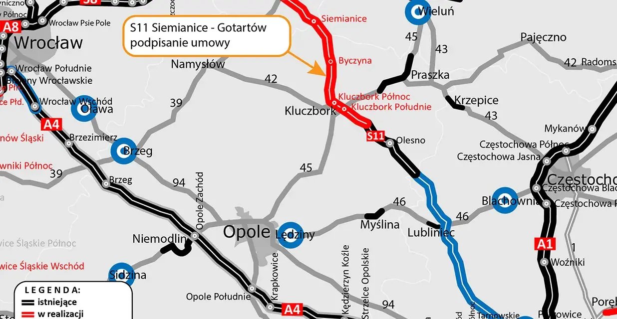 Mapa drogowa z zaznaczonym odcinkiem S11 Siemianice - Gotartów w realizacji. Widoczne są drogi krajowe i autostrady.