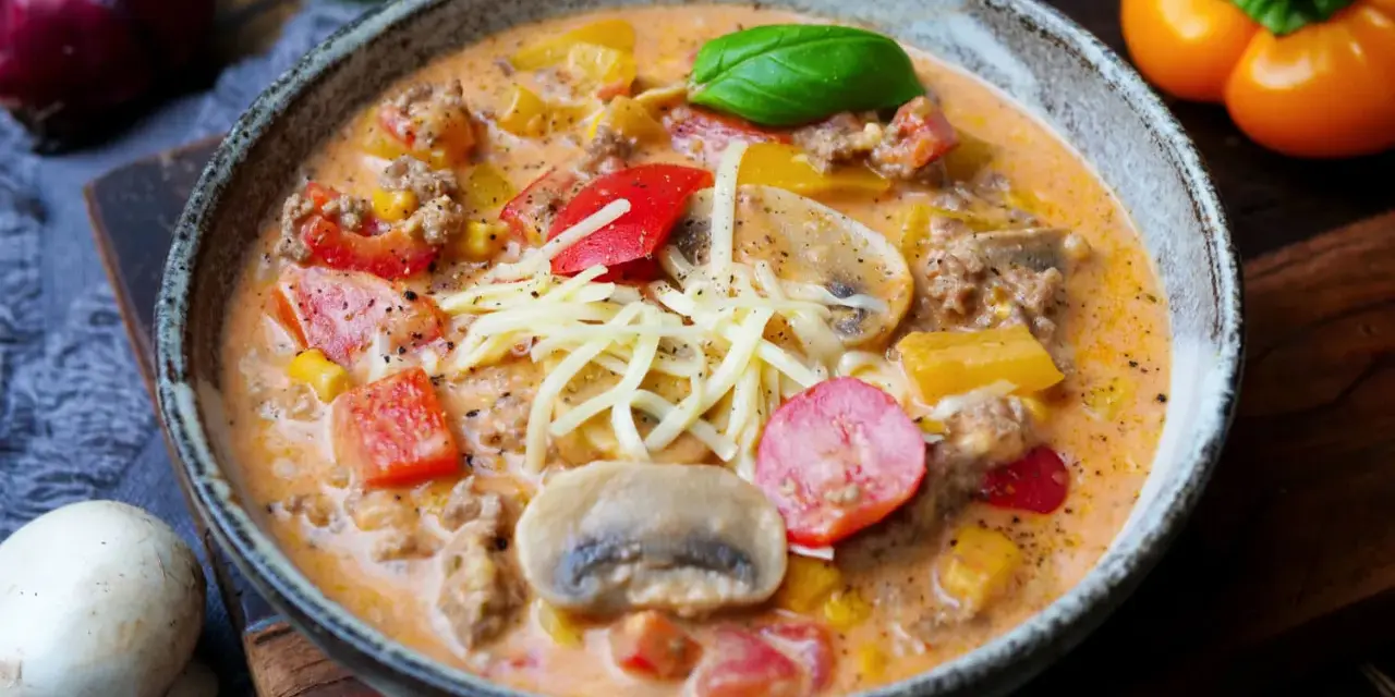 Herzhaftes pizzasuppe rezept mit Hackfleisch, Paprika, Mais und Pilzen, garniert mit Käse und Basilikum.