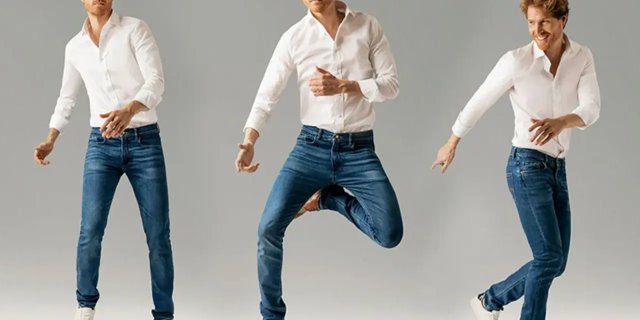 Uomo con camicia bianca e jeans blu, in diverse pose dinamiche. Il taglio tapered fit dei jeans valorizza la figura.