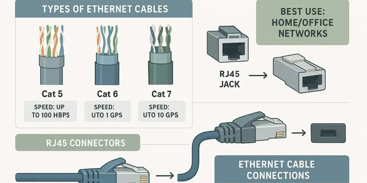 Ilustracja pokazuje różne typy kabli Ethernet (skrętka) Cat 5, 6, 7, złącza RJ45 i ich zastosowanie w sieciach domowych/biurowych.
