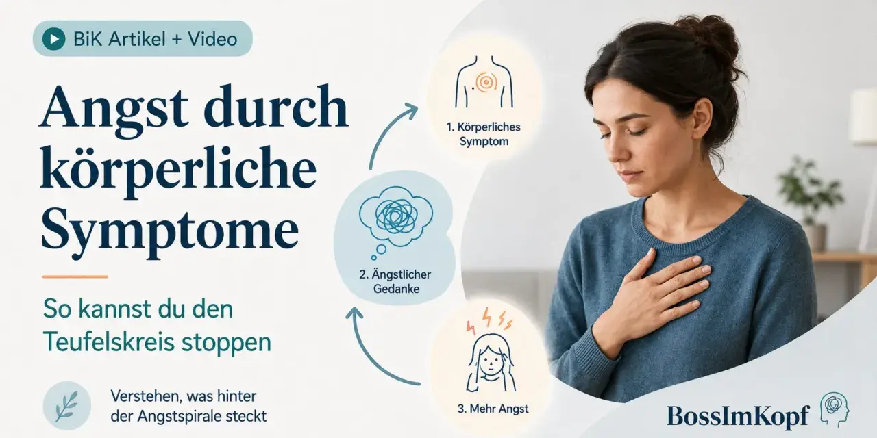 Frau mit Hand auf der Brust, die einen Teufelskreis aus körperlichen Symptomen, ängstlichen Gedanken und mehr Angst zeigt. Eine Gedankenstopp-Technik kann helfen.