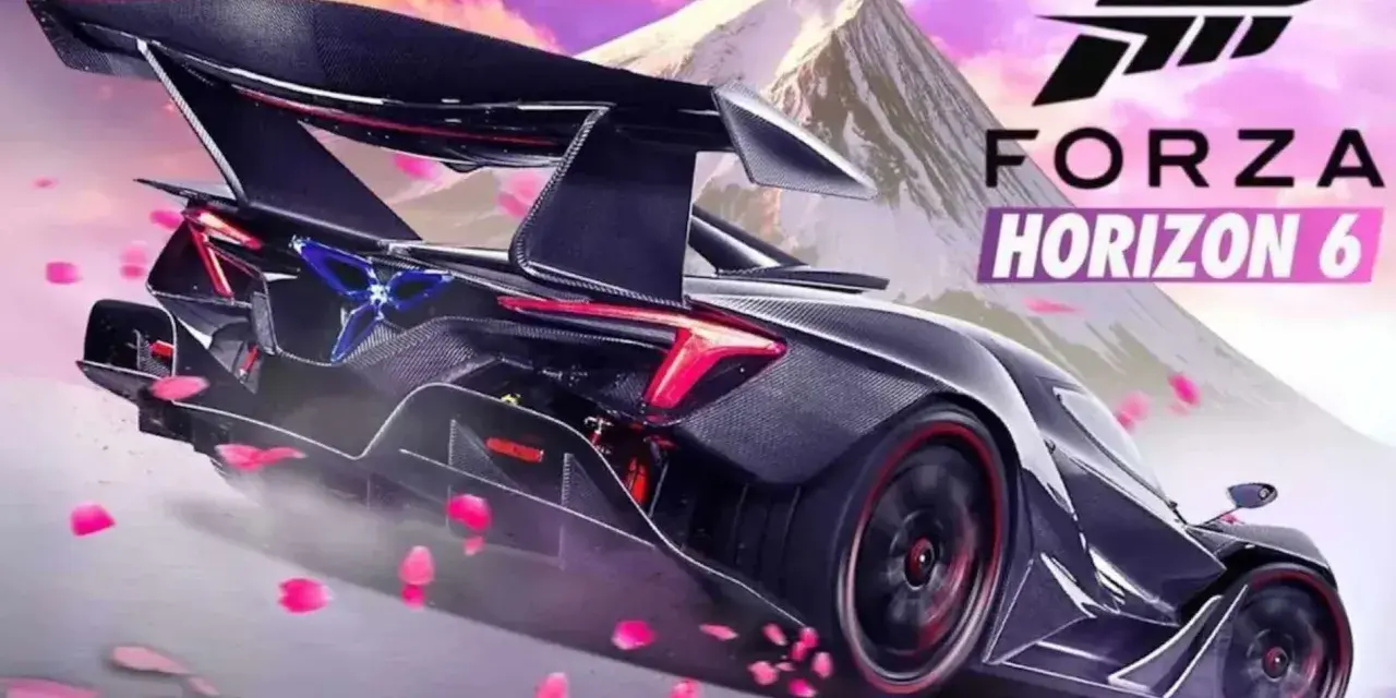 Un coche deportivo futurista con alerón, pétalos rosas volando y el logo de Forza Horizon 6. ¡Ya falta poco para cuando sale Forza Horizon 6!