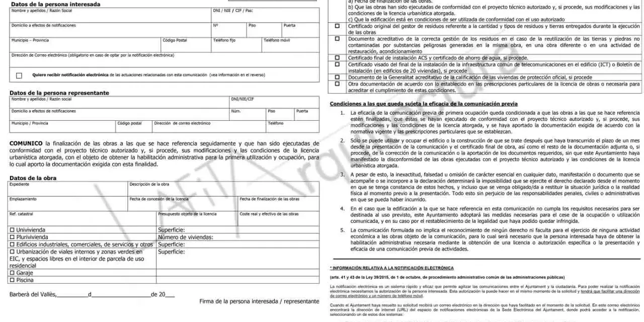Formulario del Ayuntamiento de Barberà del Vallès para la comunicación previa de primera utilización y ocupación de un edificio, solicitando la **cédula de habitabilidad**.