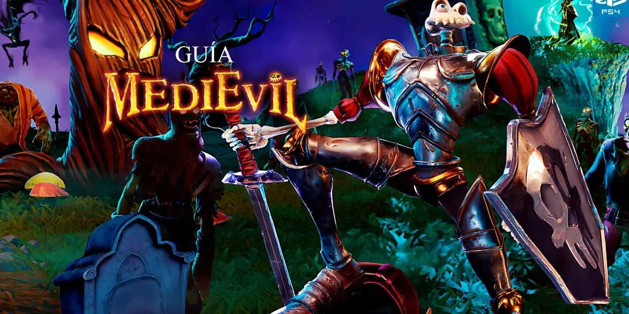 Guía MediEvil PS4: un caballero esquelético con armadura lucha contra zombis en un cementerio espeluznante.